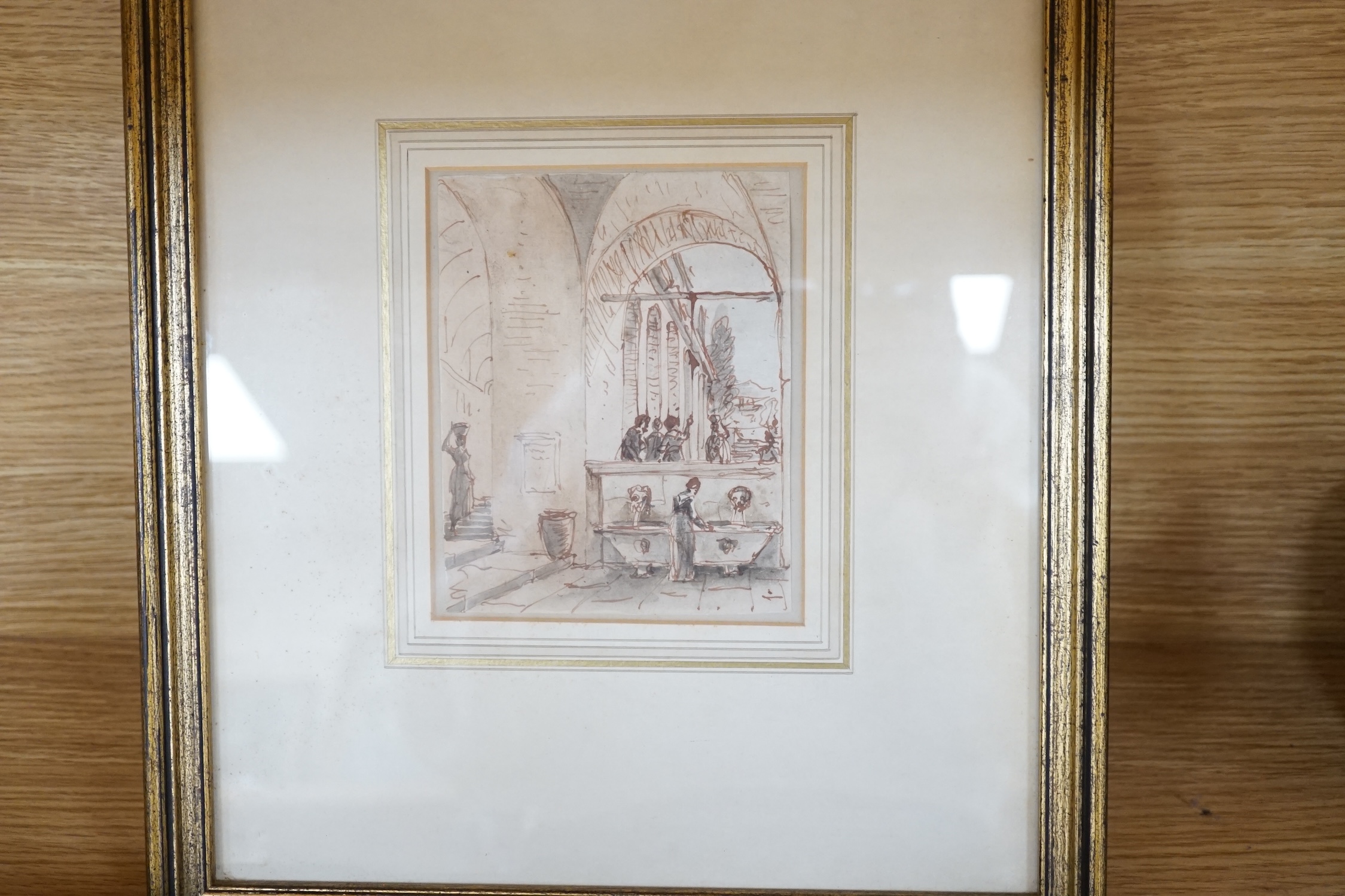 Four 18th/19th century Italian sepia ink sketches, including 'Figures near A Vasca, perhaps at Naples', largest 14 x 11cm. Condition - fair, some minor discolouration commensurate with age